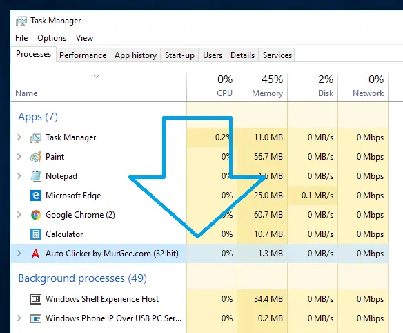 Auto Clicker using Minimal Computer Resources as displayed in Task Manager