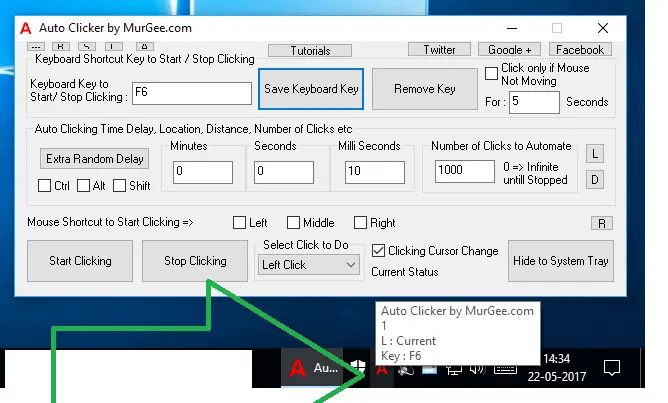 Keyboard Shortcut Assigned in Auto Clicker to Start or Stop Mouse Clicking